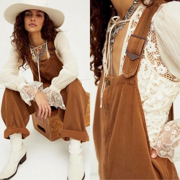 FREE PEOPLE Hunter Denim Slouchy Overalls In Khaki Over-Dye